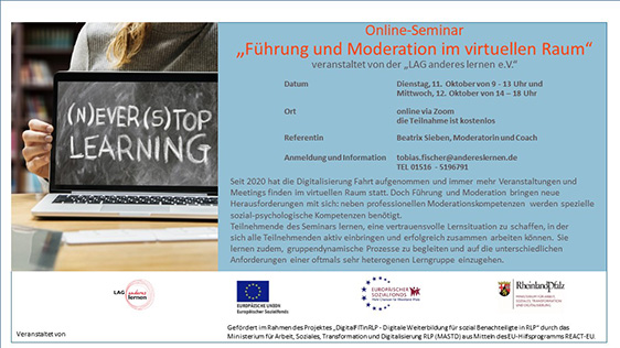 Führung und Moderation im virtuellen Raum, ein Online-Seminar der LAG anderes lernen e.V.